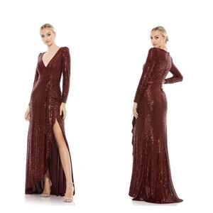 Mac Duggal 26395 Red Wine Sequin Asymmetrical Side Split Gown Size 6 $398